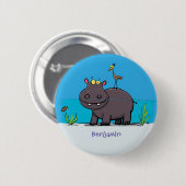 Cute funny hippopotamus with bird cartoon ronde button 5,7 cm (Voorkant /achterkant)