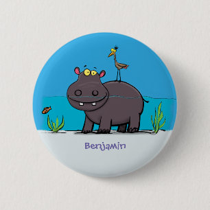 Cute funny hippopotamus with bird cartoon ronde button 5,7 cm