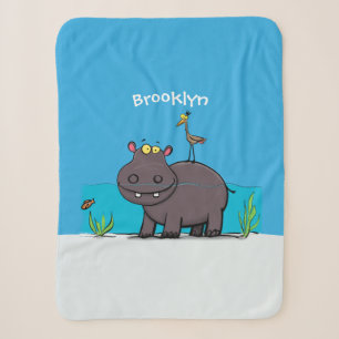 Cute funny hippopotamus with bird cartoon sherpa deken