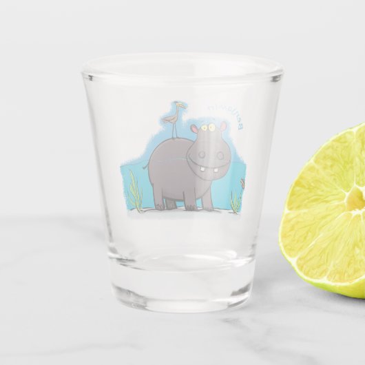 Cute funny hippopotamus with bird cartoon shot glas (Achterkant)
