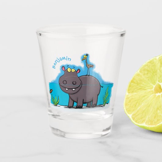 Cute funny hippopotamus with bird cartoon shot glas (Voorkant)