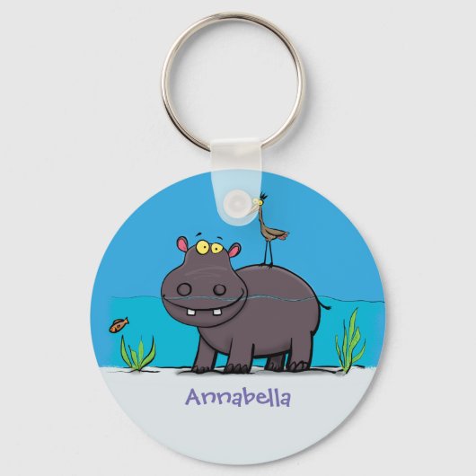 Cute funny hippopotamus with bird cartoon sleutelhanger (Voorkant)