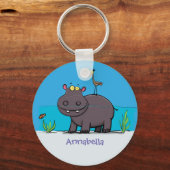 Cute funny hippopotamus with bird cartoon sleutelhanger (Voorkant)