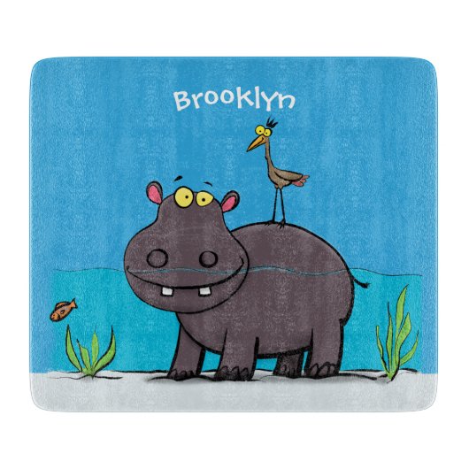 Cute funny hippopotamus with bird cartoon snijplank (Voorkant)