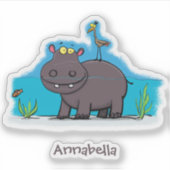 Cute funny hippopotamus with bird cartoon sticker (Voorkant)