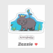 Cute funny hippopotamus with bird cartoon sticker (Vel)
