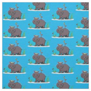 Cute funny hippopotamus with bird cartoon stof