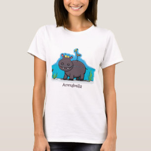Cute funny hippopotamus with bird cartoon t-shirt