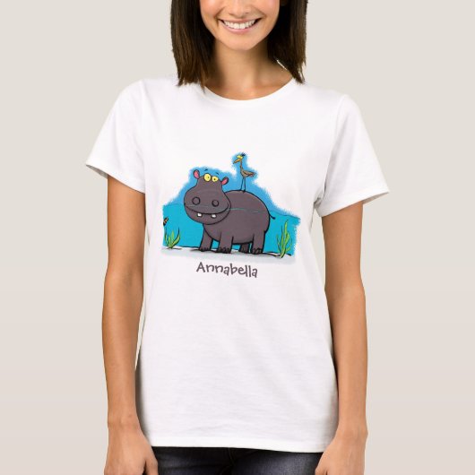 Cute funny hippopotamus with bird cartoon t-shirt (Voorkant)