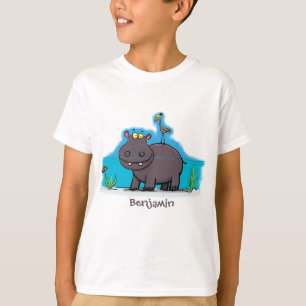 Cute funny hippopotamus with bird cartoon t-shirt