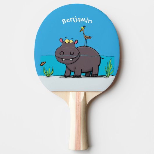 Cute funny hippopotamus with bird cartoon tafeltennisbatje (Voorkant)