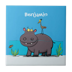 Cute funny hippopotamus with bird cartoon tegeltje