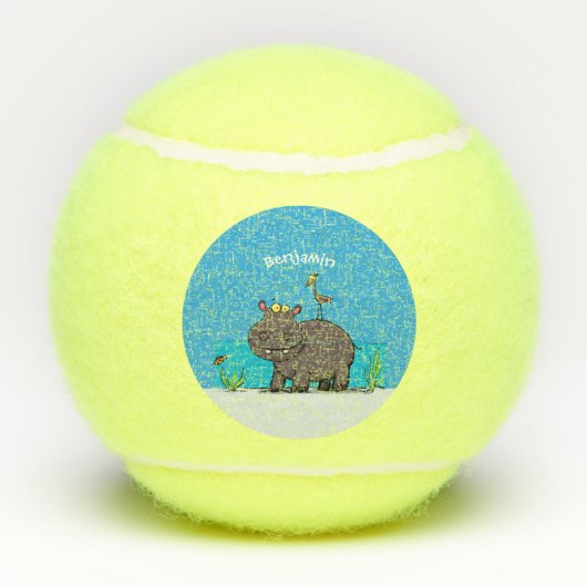Cute funny hippopotamus with bird cartoon tennisballen (Achterkant)