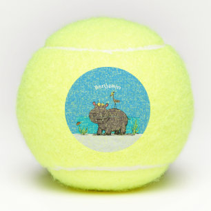 Cute funny hippopotamus with bird cartoon tennisballen