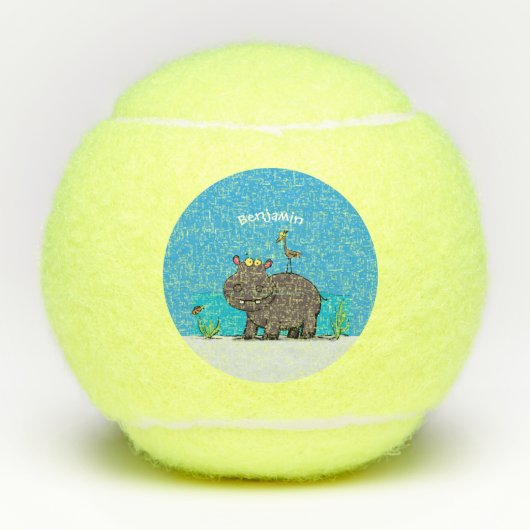 Cute funny hippopotamus with bird cartoon tennisballen (Voorkant)