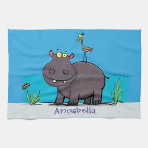 Cute funny hippopotamus with bird cartoon theedoek