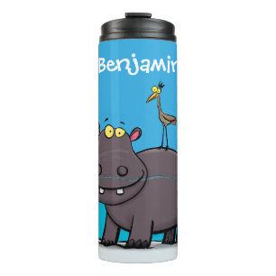 Cute funny hippopotamus with bird cartoon thermosbeker