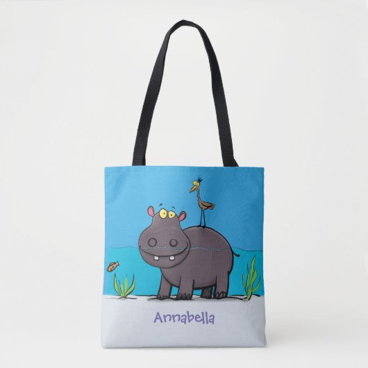Cute funny hippopotamus with bird cartoon tote bag (Voorkant)