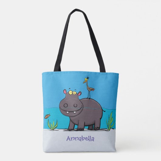 Cute funny hippopotamus with bird cartoon tote bag (Achterkant)