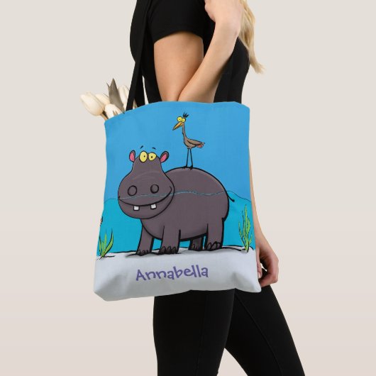 Cute funny hippopotamus with bird cartoon tote bag (Dichtbij)
