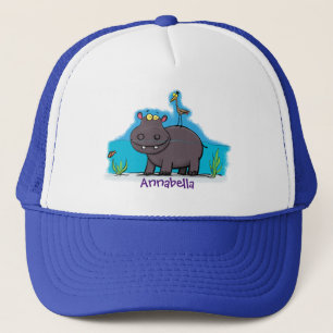Cute funny hippopotamus with bird cartoon trucker pet