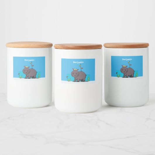 Cute funny hippopotamus with bird cartoon voedselcontainer etiket (Flessen)