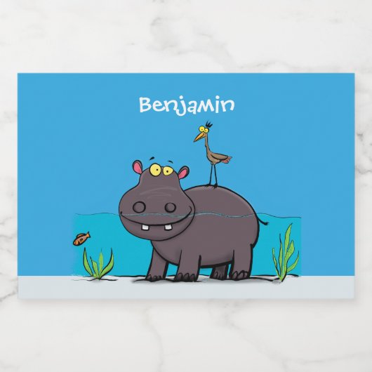 Cute funny hippopotamus with bird cartoon voedselcontainer etiket (Enkel label)