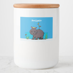 Cute funny hippopotamus with bird cartoon voedselcontainer etiket