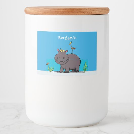 Cute funny hippopotamus with bird cartoon voedselcontainer etiket (Voorkant)