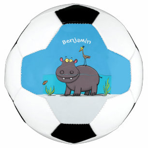 Cute funny hippopotamus with bird cartoon voetbal