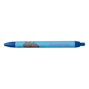 Cute funny hippopotamus with bird cartoon zwarte inkt pen