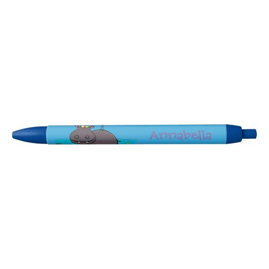Cute funny hippopotamus with bird cartoon zwarte inkt pen (Voorkant)