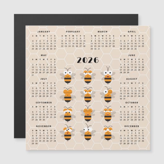 Cute Funny Honey Bee Honeycomb Calendar 2026 (Voorkant / Achterkant)