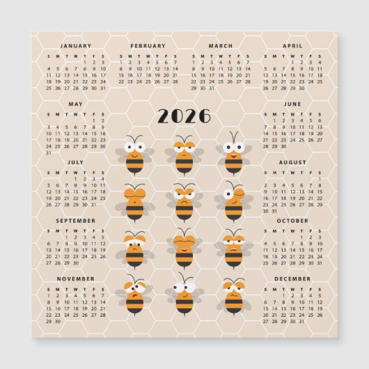 Cute Funny Honey Bee Honeycomb Calendar 2026 (Voorkant)