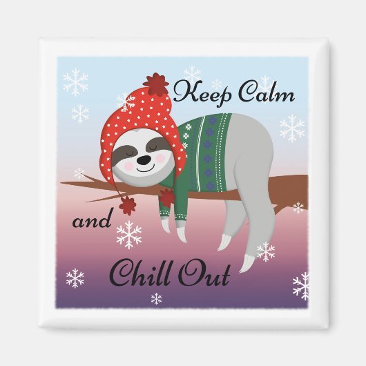 Cute Funny Keep Calm Sloth in Winter Pet & Scarf Magneet (Voorkant)