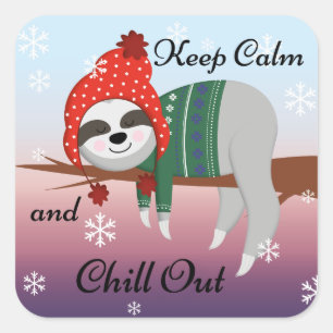 Cute Funny Keep Calm Sloth in Winter Pet & Scarf Vierkante Sticker