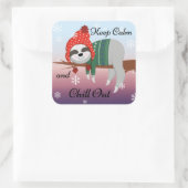 Cute Funny Keep Calm Sloth in Winter Pet & Scarf Vierkante Sticker (Tas)
