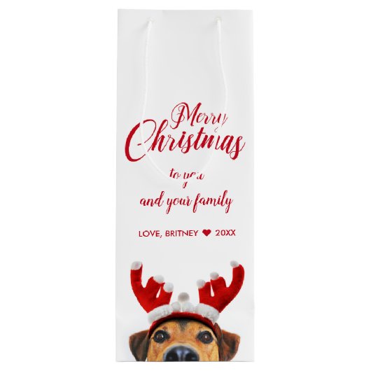 Cute Funny Kersthond Reindeer Antler Headband Wijn Cadeautas (Achterkant)