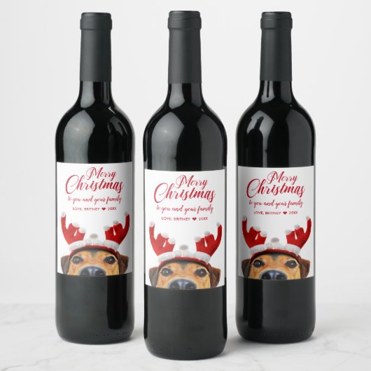 Cute Funny Kersthond Reindeer Antler Headband Wijn Etiket (Flessen)