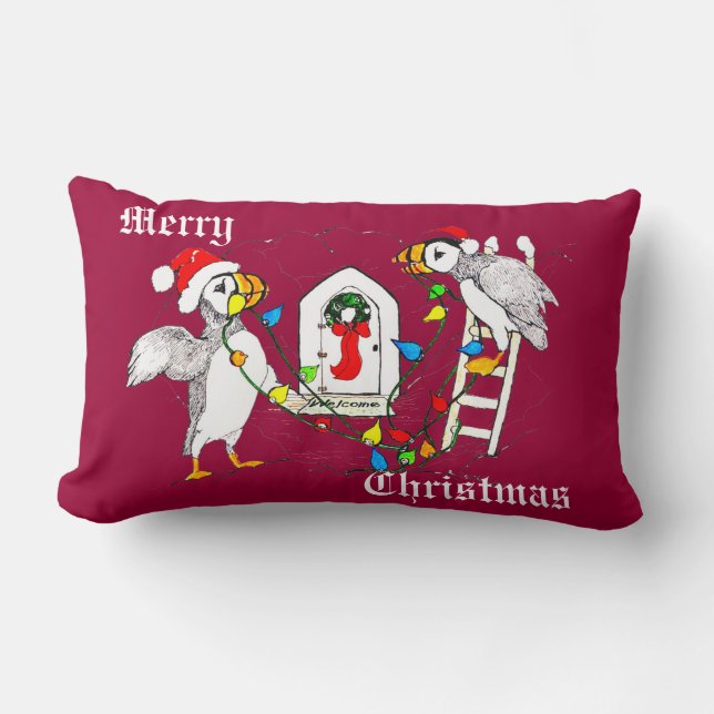 Cute Funny Kersthoornbill Puffin Holiday Kussen (Voorkant)