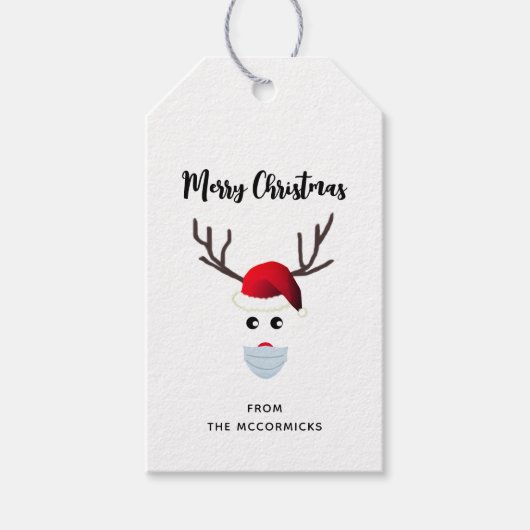 Cute Funny Kerstrennier Wearing Face Mask Cadeaulabel (Voorkant)