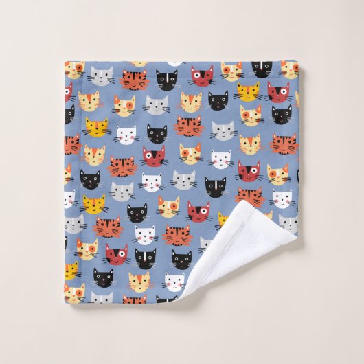 Cute Funny Kitty Cat Faces Pattern Blue Bad Handdoek (Wasdoekje)