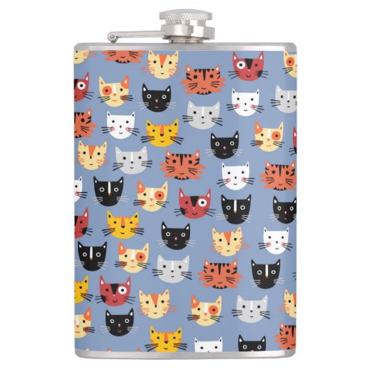 Cute Funny Kitty Cat Faces Pattern Blue Heupfles (Voorkant)