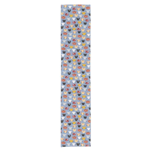 Cute Funny Kitty Cat Faces Pattern Blue Korte Tafelloper (Voorkant)