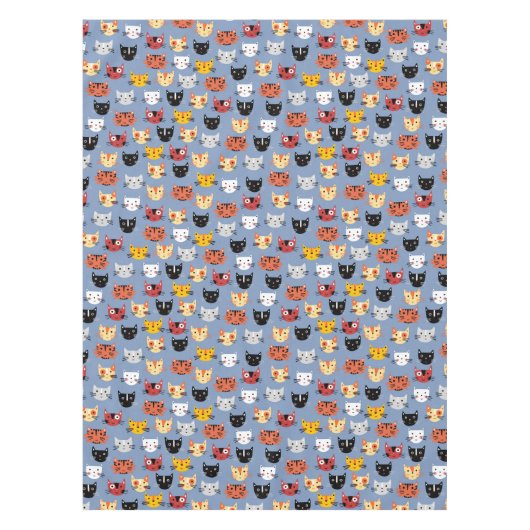 Cute Funny Kitty Cat Faces Pattern Blue Tafelkleed (Voorkant)