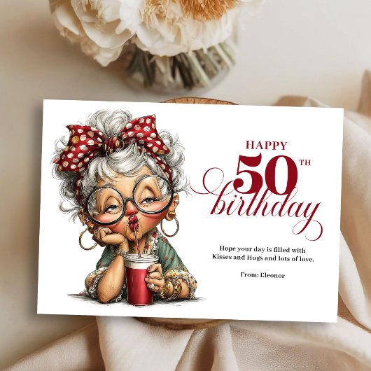 Cute Funny Lady 50th Birthday Cartoon Humor Card Kaart