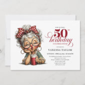 Cute Funny Lady 50th Birthday Cartoon Humor Invite Kaart (Voorkant)