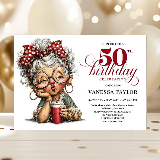 Cute Funny Lady 50th Birthday Cartoon Humor Invite Kaart