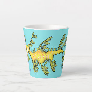 Cute funny leafy sea draak cartoon illustratie latte mok