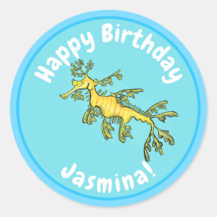 Cute funny leafy sea draak cartoon illustratie ronde sticker